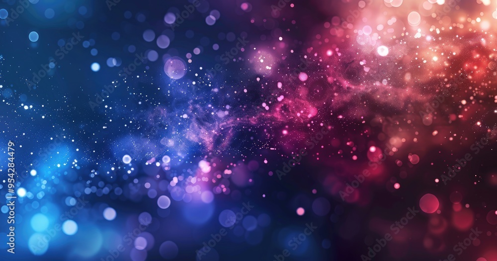 A vibrant cosmic background with colorful bokeh effects and starry elements.