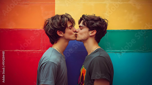 Two young men kissing in fr...