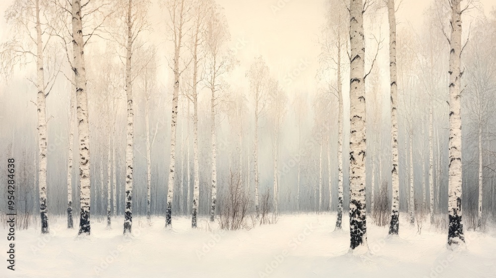 Fototapeta premium A Snowy Birch Forest with a Misty Atmosphere