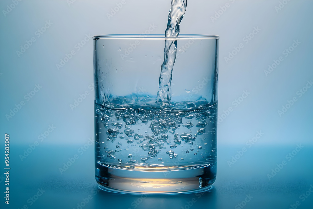 Pouring Water into Glass with Bubbles on Blue Background Pouring Water into Glass with Bubbles on Blue Background