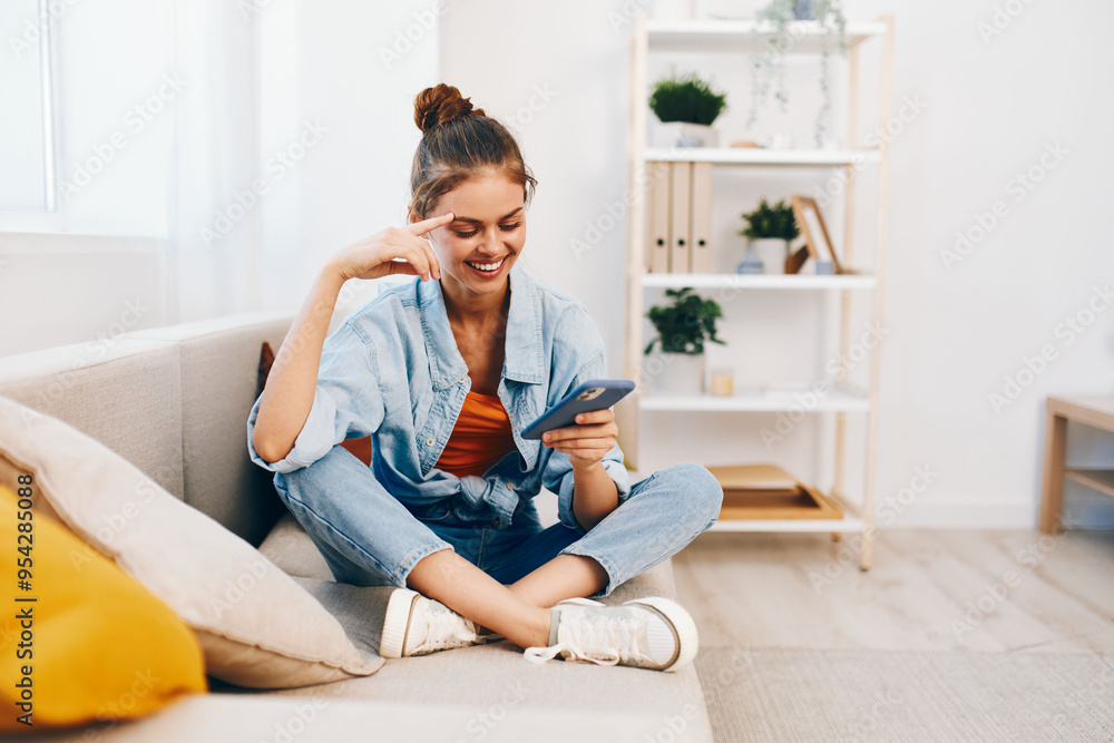 Sofa woman holding phone at home, couch mobile smile online. Sofa woman holding phone at home, couch mobile smile online.