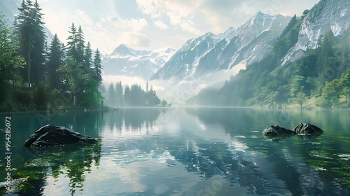 Fototapeta Naklejka Na Ścianę i Meble -  Fantasy landscape with lake forest and mountains