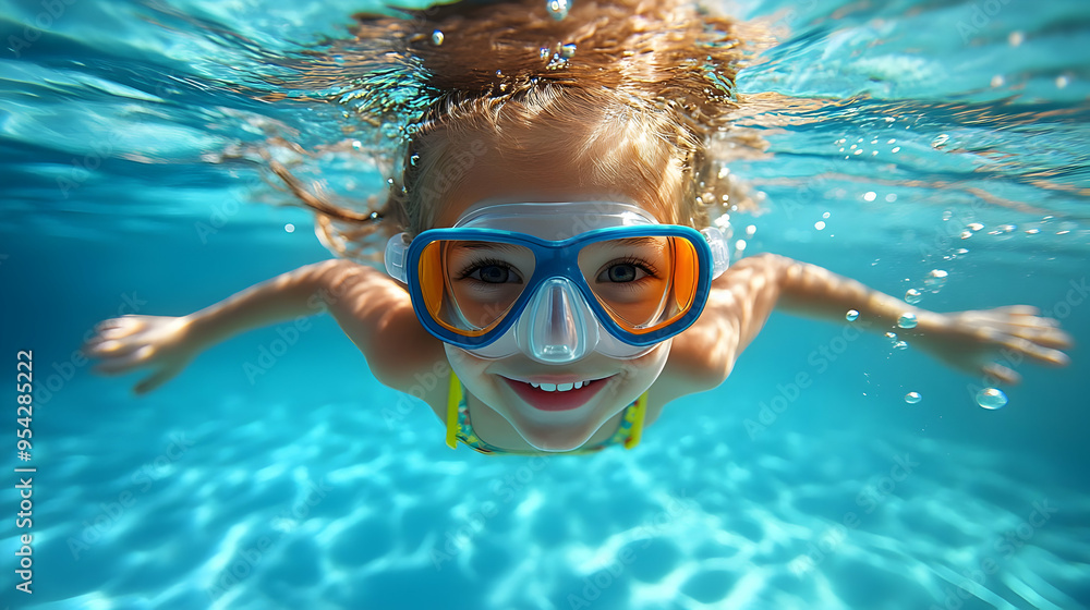 Fototapeta premium Underwater photo of a smiling girl wearing a snorkeling mask.