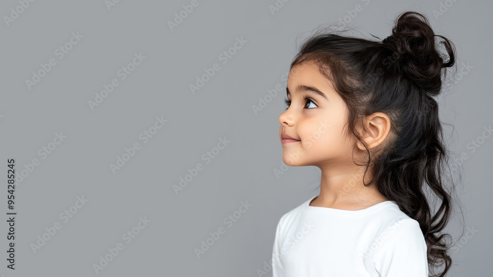 Side view of Arabian little girl wearing white dress isolated on gray Side view of Arabian little girl wearing white dress isolated on gray