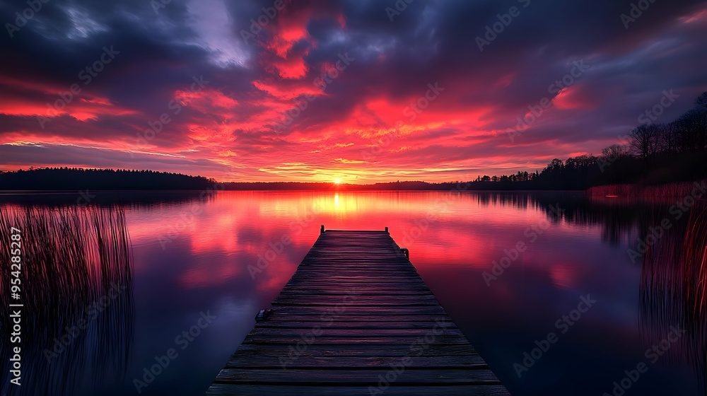 Fototapeta premium Wooden Dock Leading Into a Calm Lake at Sunset