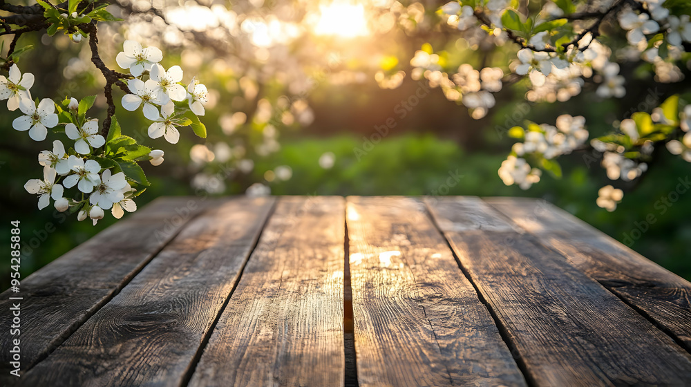 Wooden Tabletop with Spring Blossom Background Wooden Tabletop with Spring Blossom Background