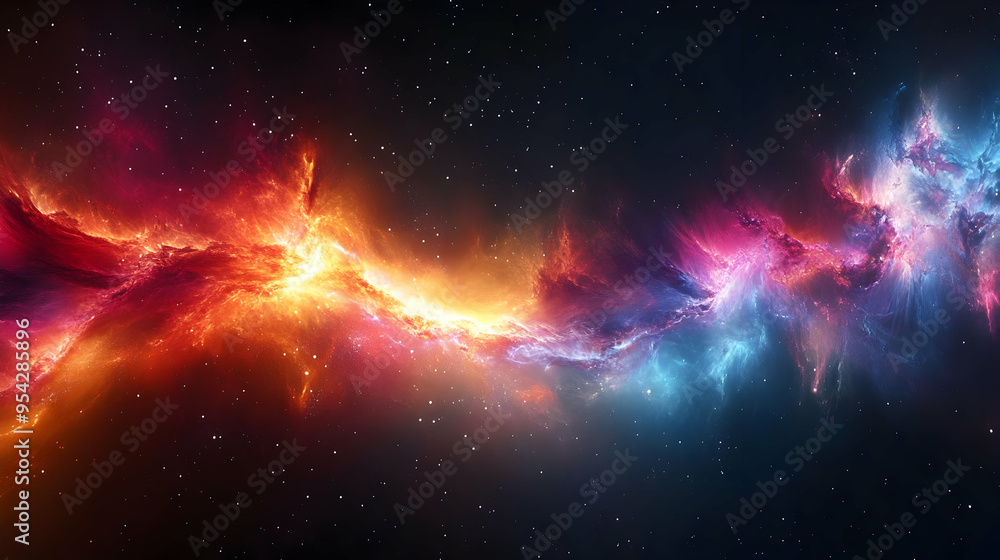 Fototapeta premium Vibrant nebula with red, orange, blue and pink swirling gas clouds in a dark starry sky.