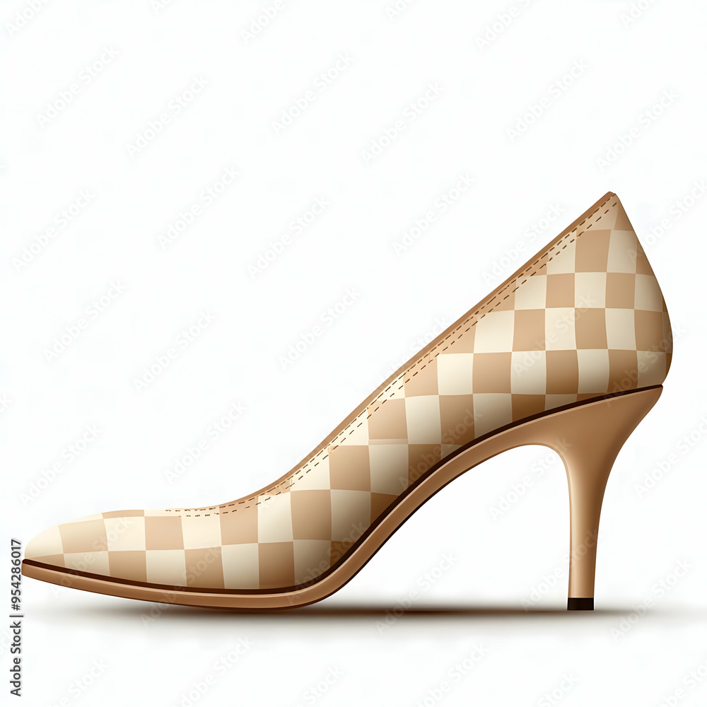 Checkered High Heel Shoe Beige Fashion Style Elegant Women Footwear Stiletto Checkered High Heel Shoe Beige Fashion Style Elegant Women Footwear Stiletto