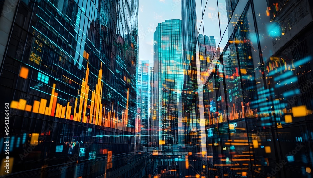 Abstract Cityscape with Overlapping Reflections and Data Visualizations Abstract Cityscape with Overlapping Reflections and Data Visualizations