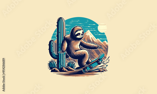 sloth playing skateboard on cactus vector illustration artwork design