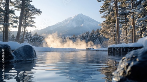 A Serene Mountain View from a Hot Spring in Winter photo