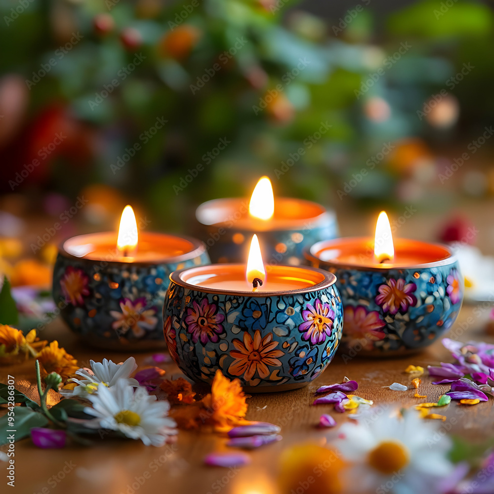 Floral Tealight Candles with Bokeh Background Floral Tealight Candles with Bokeh Background
