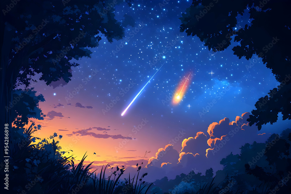 Fototapeta premium Night Sky with Two Shooting Stars and Silhouetted Trees