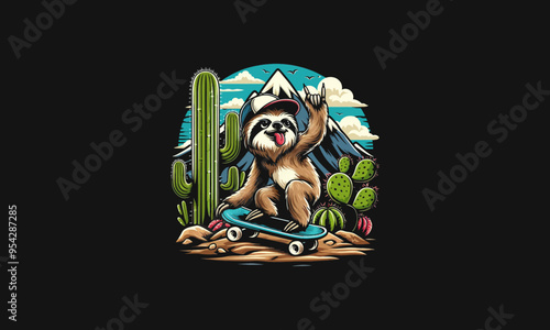 sloth playing skateboard on cactus vector illustration artwork design