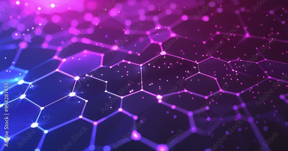 Abstract digital background with hexagonal patterns and glowing nodes in purple and blue hues. Abstract digital background with hexagonal patterns and glowing nodes in purple and blue hues.