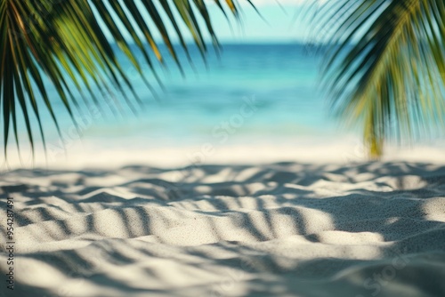 beach sand with palm branches on the background of the sea , ai