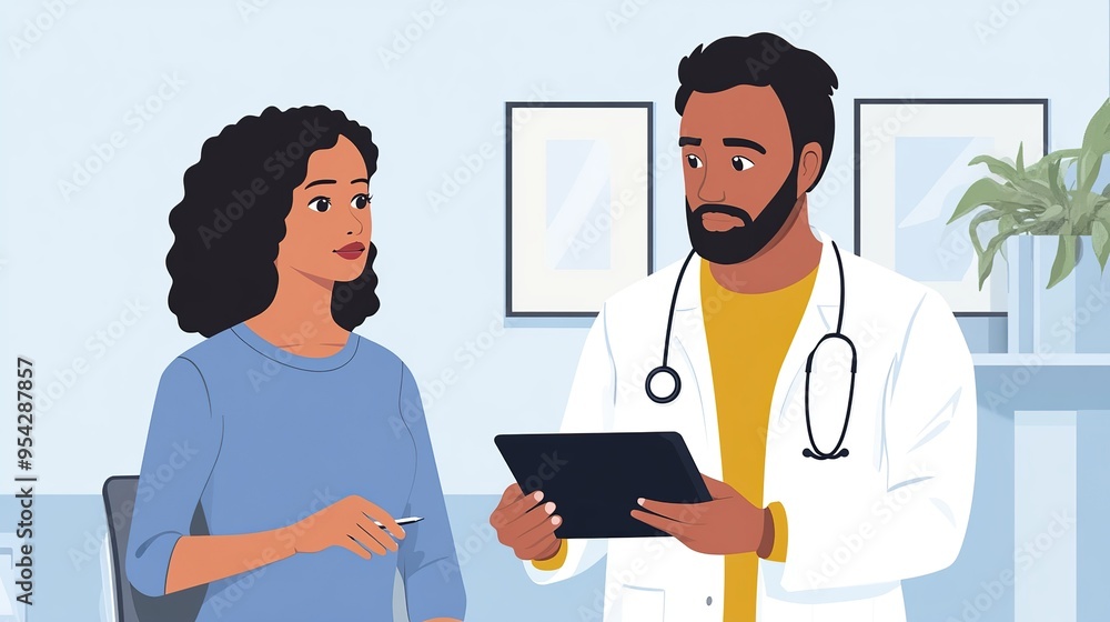 A doctor explaining test results to a patient using a tablet, with the patient looking concerned but reassured. A doctor explaining test results to a patient using a tablet, with the patient looking concerned but reassured.