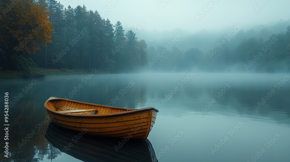 Wooden Rowboat on Calm Misty Lake Forest Background Wooden Rowboat on Calm Misty Lake Forest Background