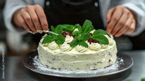 A Baker Decorating a Delicious Cake with Fresh Mint photo