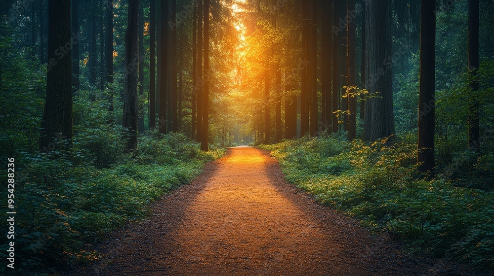 Fototapeta premium Forest Path with Golden Sunlight