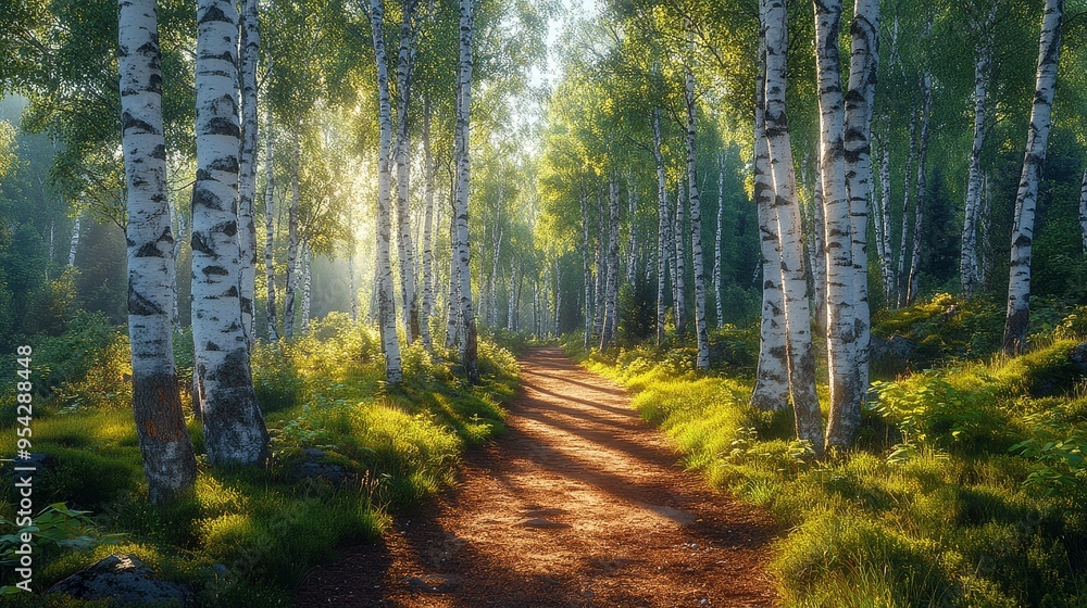 Obraz premium Sunlit Path Through Birch Forest