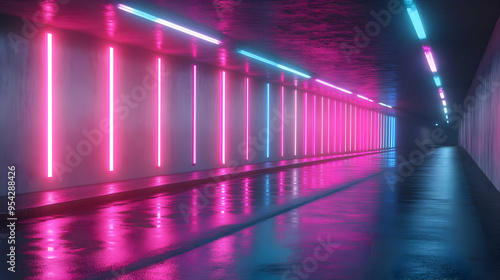 Neon Lights Tunnel Wet Concrete Floor Futuristic Urban Design