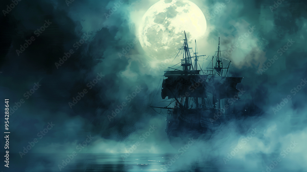 Ghostly ship sailing under a full moon in a misty night scene Ghostly ship sailing under a full moon in a misty night scene