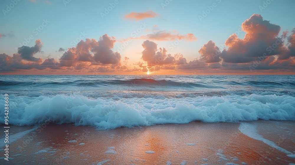 Naklejka premium Dramatic Ocean Sunset with Foamy Waves on Sandy Beach