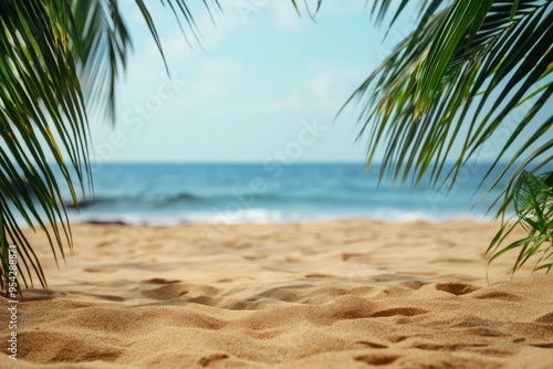 beach sand with palm branches on the background of the sea , ai