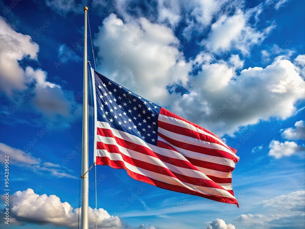 A solemn American flag, flown at half-staff, waves in the wind, honoring and paying tribute to brave first responders who risk their lives to protect others. A solemn American flag, flown at half-staff, waves in the wind, honoring and paying tribute to brave first responders who risk their lives to protect others.