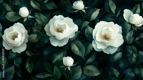 White roses blooming in dar...