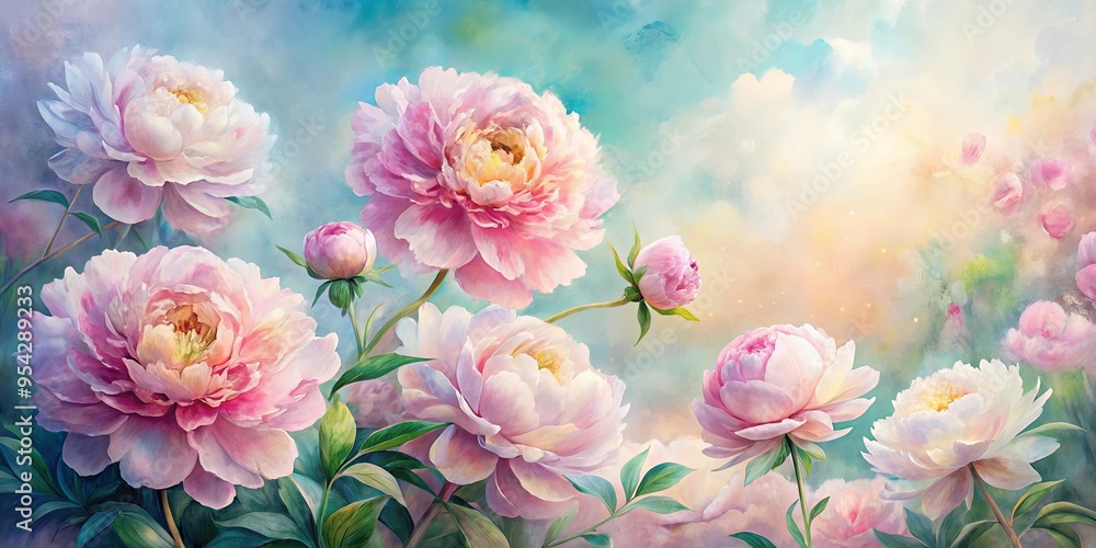 Vibrant watercolor peonies blooming in soft delicate hues with gentle brushstrokes and subtle texture, evoking a sense of whimsy and romance in a dreamy ethereal atmosphere Vibrant watercolor peonies blooming in soft delicate hues with gentle brushstrokes and subtle texture, evoking a sense of whimsy and romance in a dreamy ethereal atmosphere
