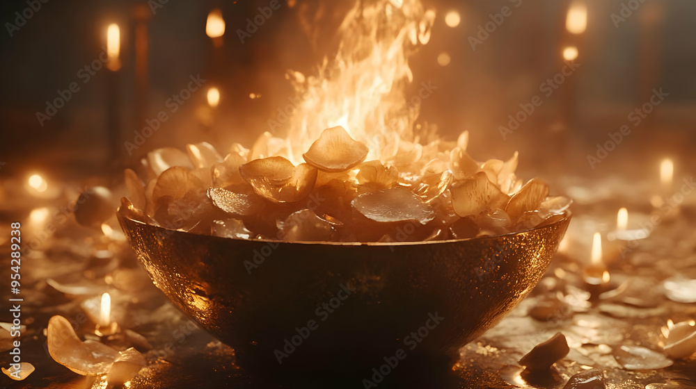 Obraz premium Burning Rose Petals in a Golden Bowl with Candles