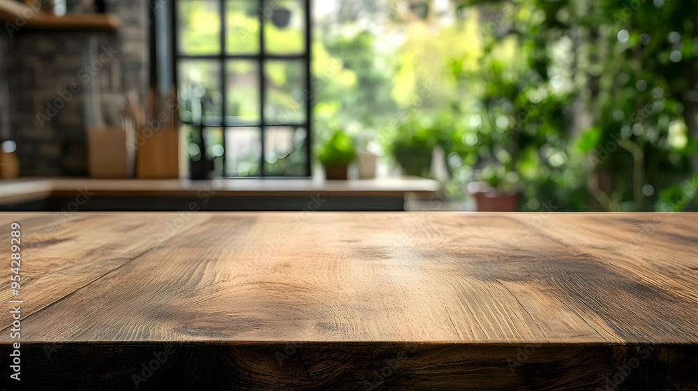 Wooden Tabletop with Blurred Kitchen Background Wooden Tabletop with Blurred Kitchen Background