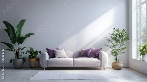 White sofa with purple pillows, potted plants and rug in a modern living room. photo