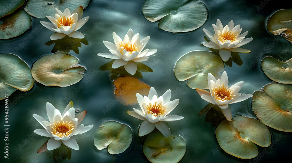 White water lilies bloom on a pond surrounded by green lily pads. White water lilies bloom on a pond surrounded by green lily pads.
