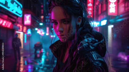 Beautiful futuristic cyborg girl in advanced technology clothing on cyberpunk street.