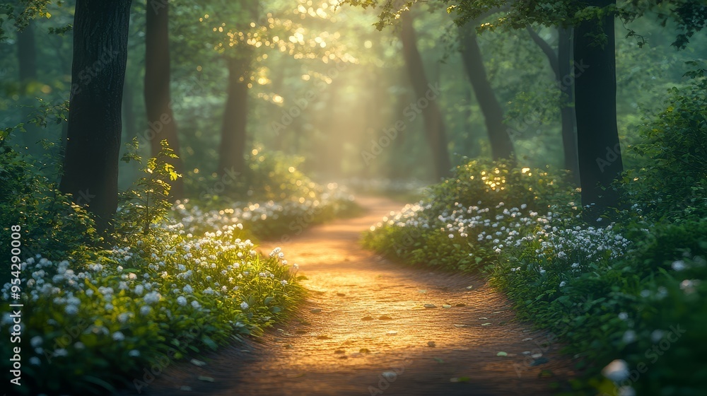 Obraz premium Sunlit Forest Path with White Flowers and Green Foliage