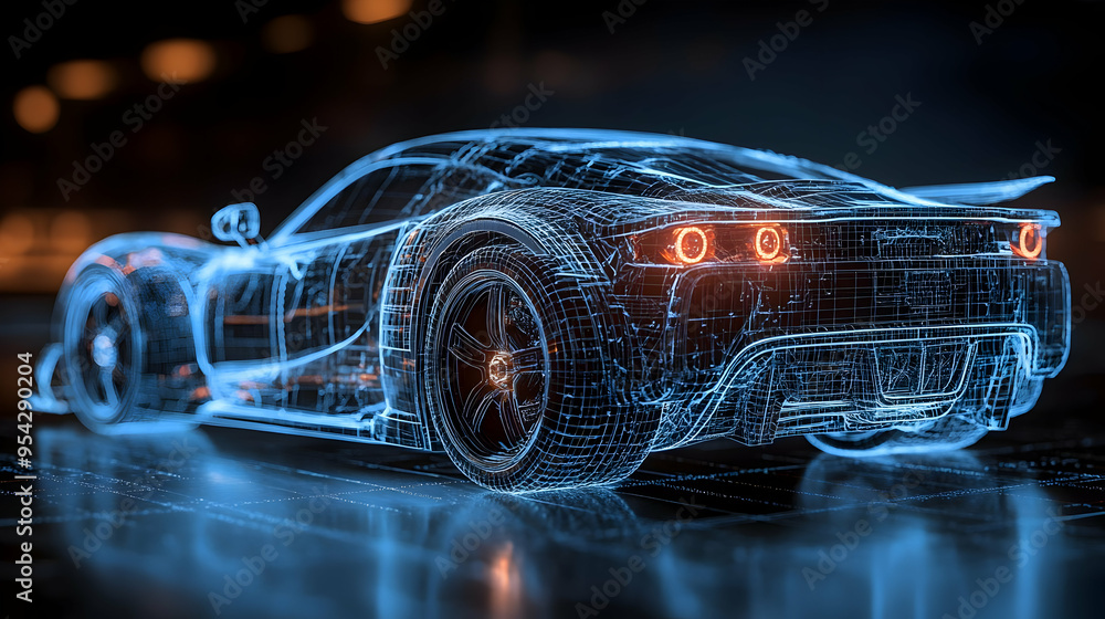 Wireframe of a sports car with glowing lights. Wireframe of a sports car with glowing lights.