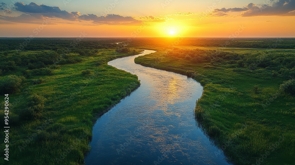 River at Sunset with Green Grass and Golden Sky River at Sunset with Green Grass and Golden Sky