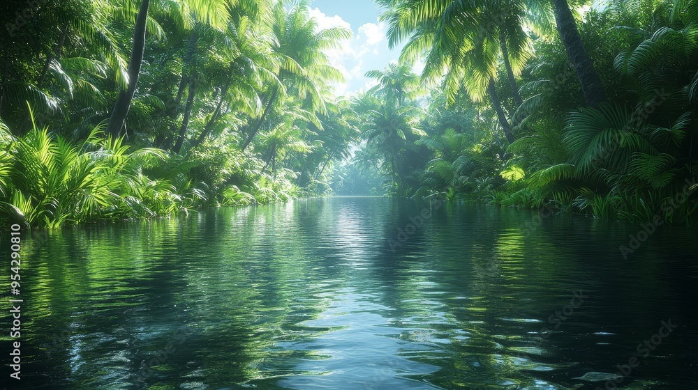 Lush Tropical Jungle River with Sunlight and Palm Trees Lush Tropical Jungle River with Sunlight and Palm Trees