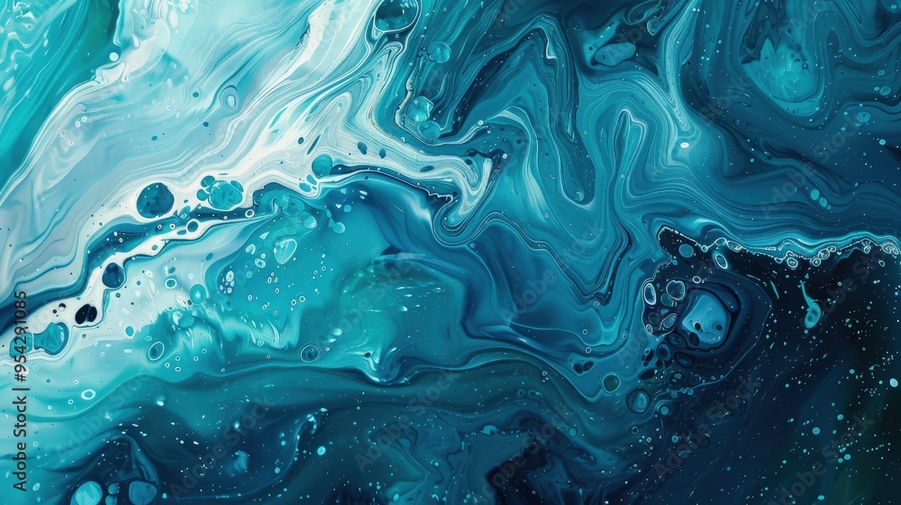 Abstract blue and teal fluid art with swirling patterns and bubbles. Abstract blue and teal fluid art with swirling patterns and bubbles.