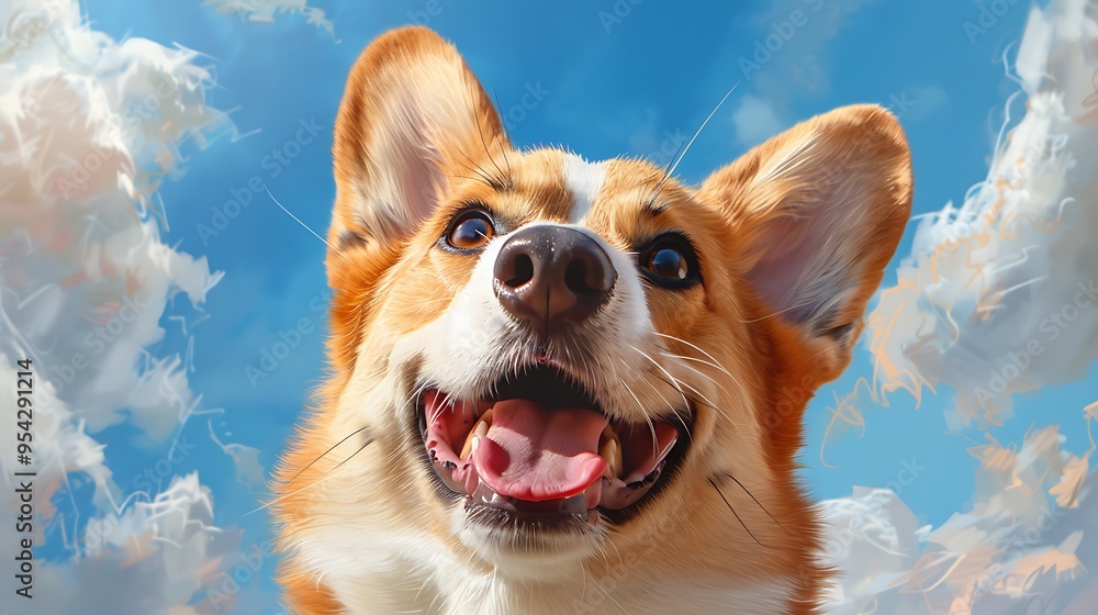 Close-Up of Happy Corgi with Tongue Out Against Blue Sky Close-Up of Happy Corgi with Tongue Out Against Blue Sky