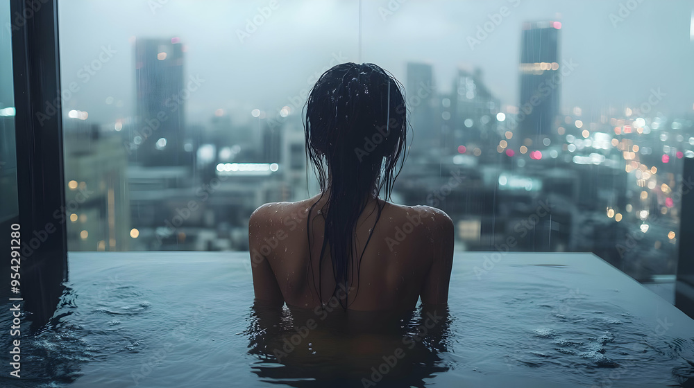 Woman in a rooftop pool with city view during a rainstorm. Woman in a rooftop pool with city view during a rainstorm.