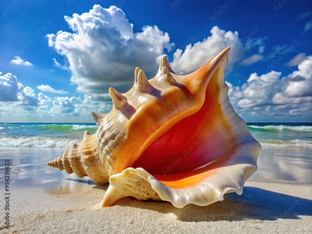 A vibrant, large shell of a Florida fighting conch, Lobatus fulmensis, rests on white sand, showcasing its pearly white interior and bright orange lip. A vibrant, large shell of a Florida fighting conch, Lobatus fulmensis, rests on white sand, showcasing its pearly white interior and bright orange lip.