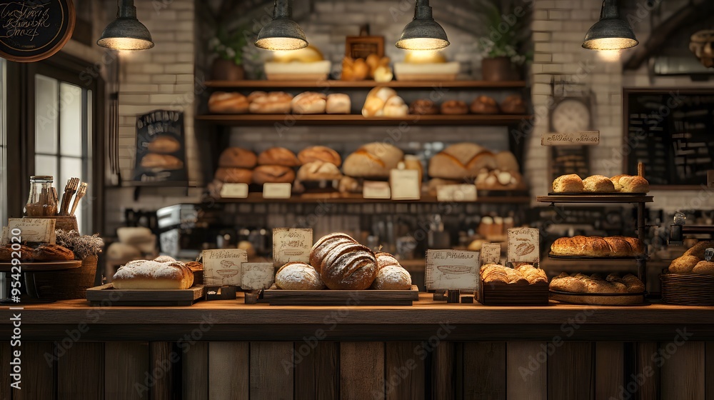 A bakery counter with 3D-rendered organic bread and pastries in a warm rustic setting A bakery counter with 3D-rendered organic bread and pastries in a warm rustic setting