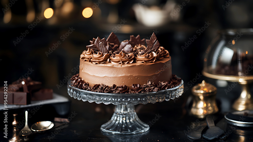 Chocolate Mousse Cake set on a dark, elegant dessert table, with chocolate decorations Chocolate Mousse Cake set on a dark, elegant dessert table, with chocolate decorations