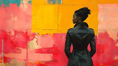 Woman in leather jacket sta...