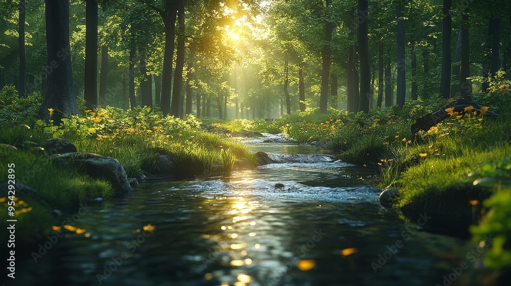 Sunlit Forest Stream with Yellow Flowers Sunlit Forest Stream with Yellow Flowers