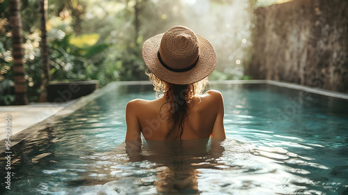 Woman in straw hat relaxing...